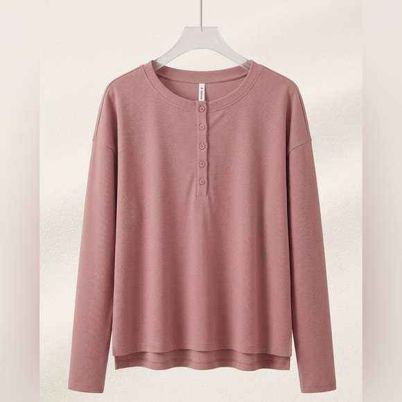 HALARA Tops - NWT Halara Waffle Knit Henley Top L Oversized Dusty Rose Athleisure Lounge